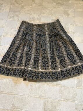 Floral geometric Printed Boho A-Line Skirt in Olive Black 100% Cotton size 18